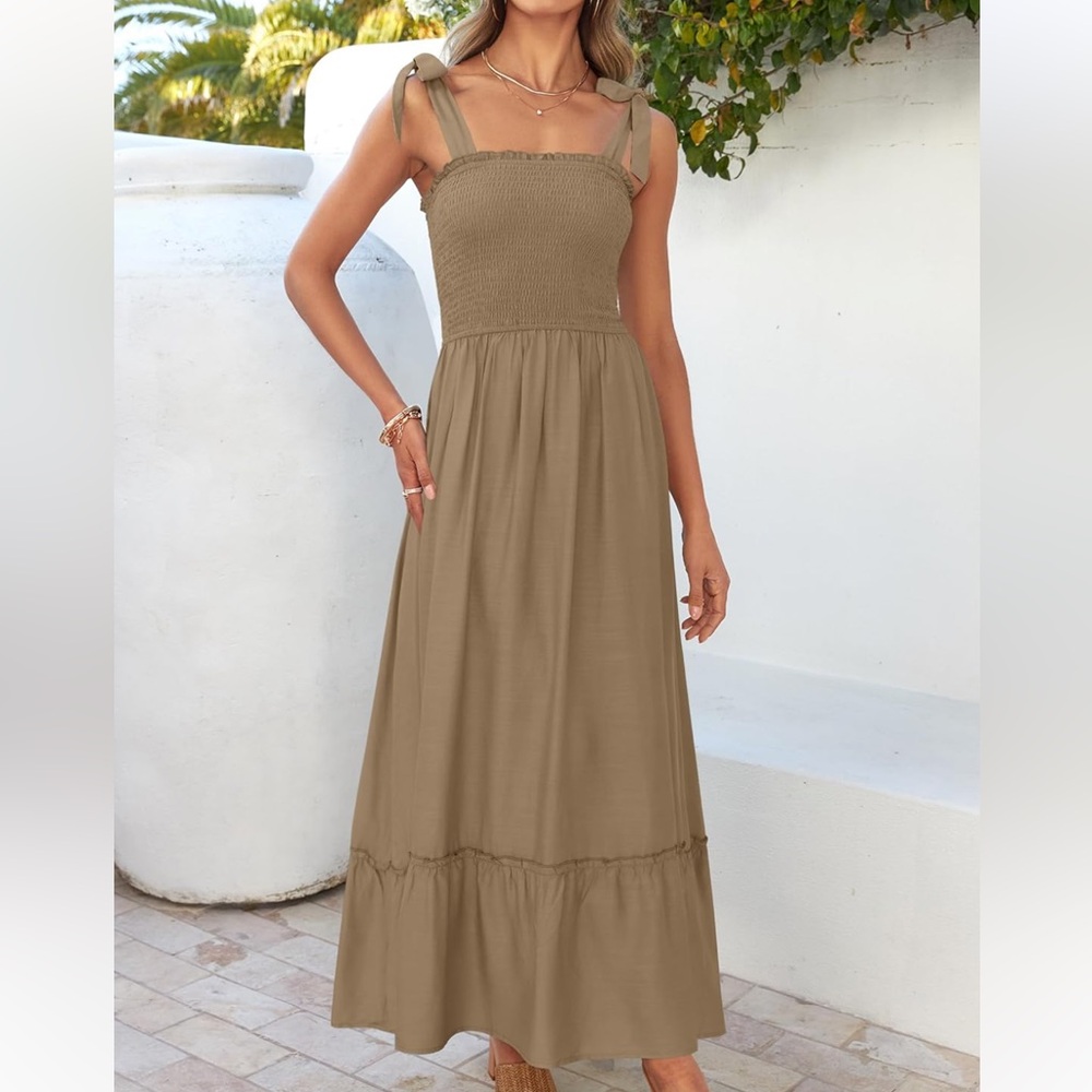 Chic Tan Maxi Dress with Tie Straps